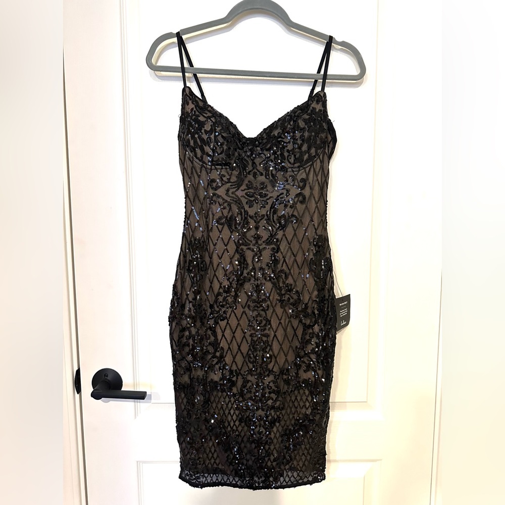 LULUS, new with tags black sequin dress.